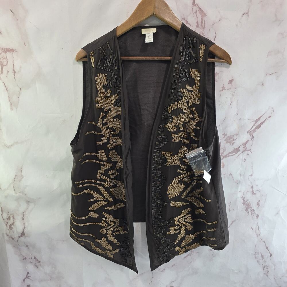 Chicos Vest Womens 3 XL Chocolate Brown Beaded Bronze Topper Boho Hippie